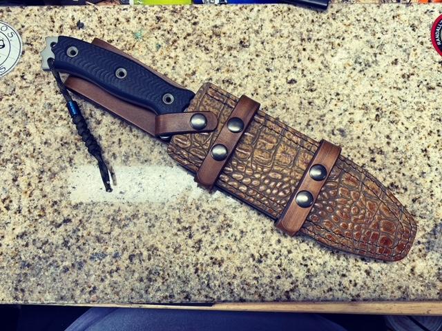 Custom handmade sheath for a Busse Hellrazor 2. Features alligator skin. 