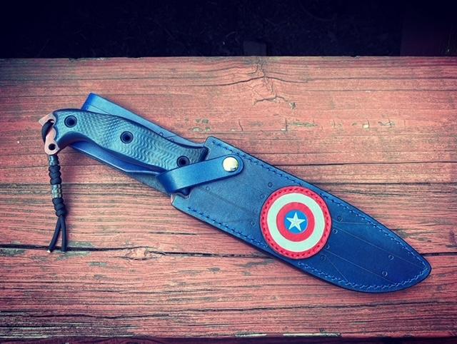 Busse Combat custom handmade leather sheath. Marvels Captain America themed.