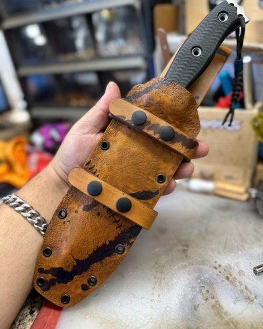 Custom handmade leather over kydex sheath for Busse Hellrazor 2.